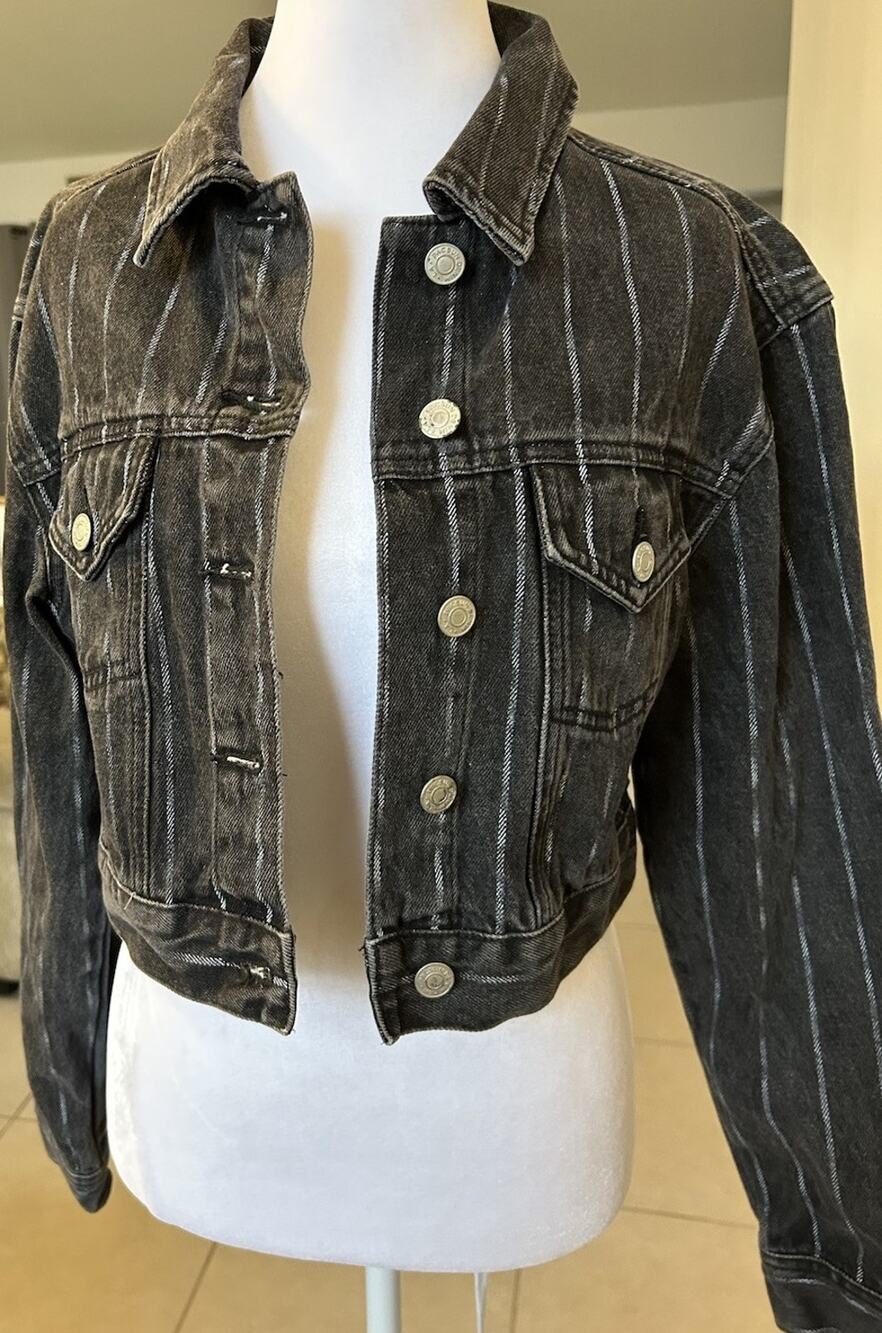 PACSUN Denim Jacket Women S FADED Black Pin Stripe Washed Cropped Rocker Y2K